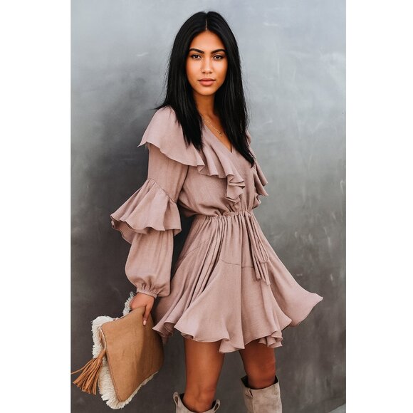 Flawless Women’s Ruffle Long Sleeve Mini Dress Taupe Beige Flowy Boho Chic Sz S - Picture 1 of 10